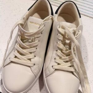 Tory Burch Off-White Leather Low-Top Sneakers with Navy Heel